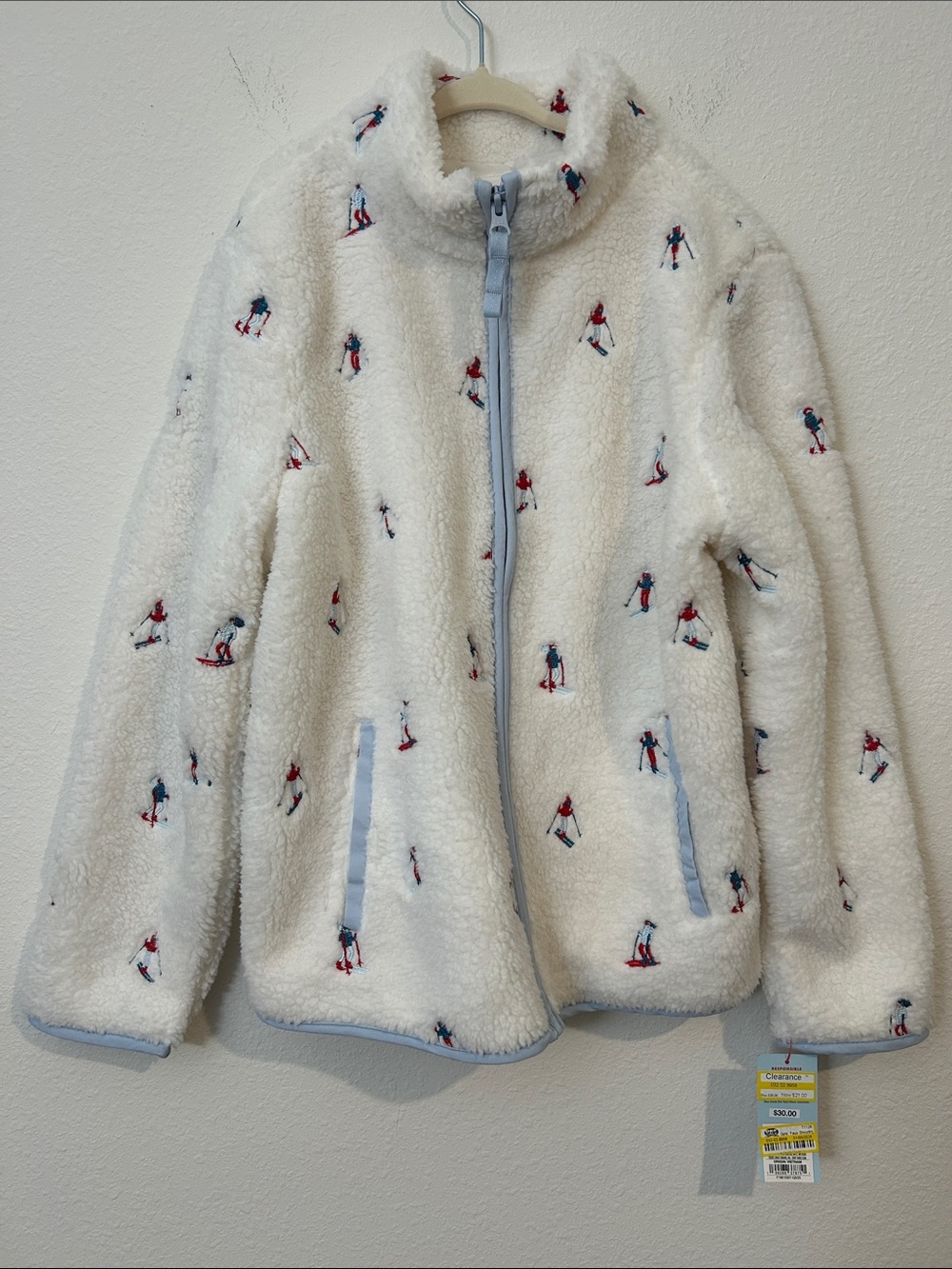 Cat & Jack White Plush Sherpa Jacket with Skier Print and Light Blue Trim